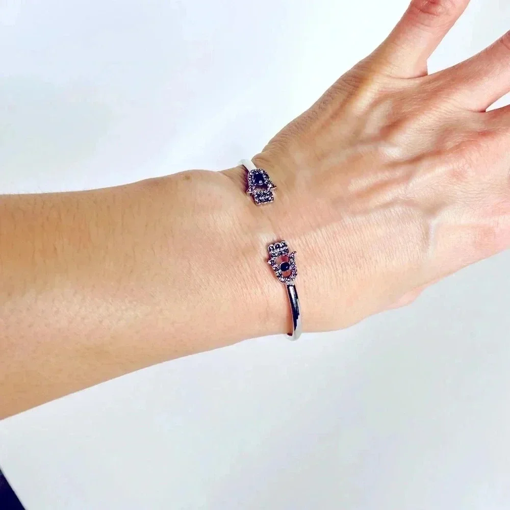Hamsa Hand Rhinestone Bracelet | Silver Tone Adjustable Boho Jewelry | NWOT